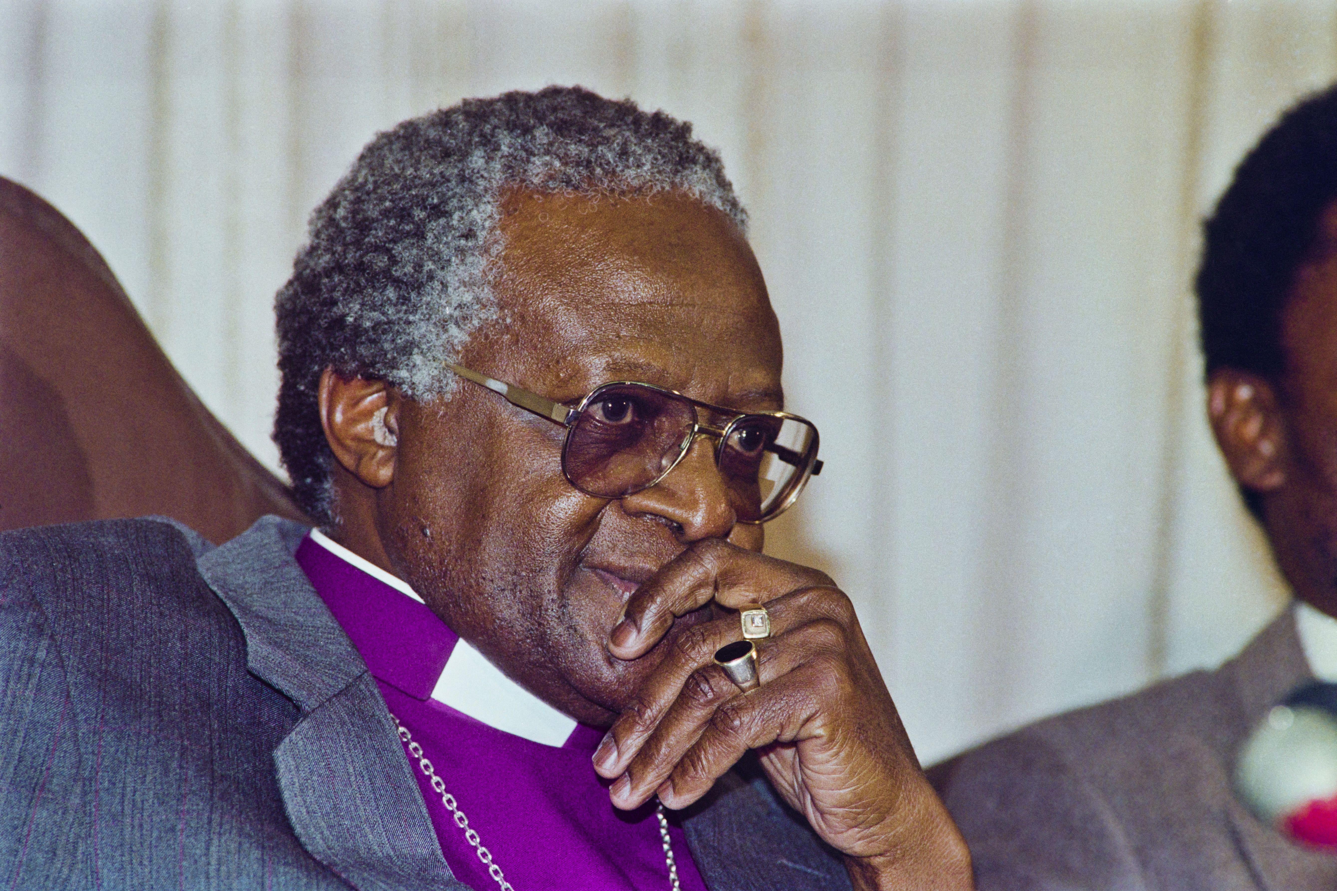 South African activist and Nobel Peace Prize and Anglican Archbishop Desmond Tutu gives a news conference, on September 9, 1988, in Johannesburg.