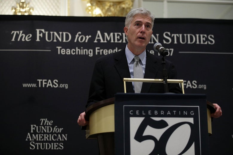U.S. Supreme Court Justice Neil Gorsuch speaks during an event hosted by the Fund for American Studies.