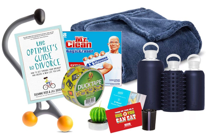Collection including: a massage cane, the Optimist's Guide to Divorce book, Mr. Clean Magic Eraser, Duck Tape, cactus-shaped candle, Seamless gift card, gift card for cleaning service, water bottles, and a fluffy blanket