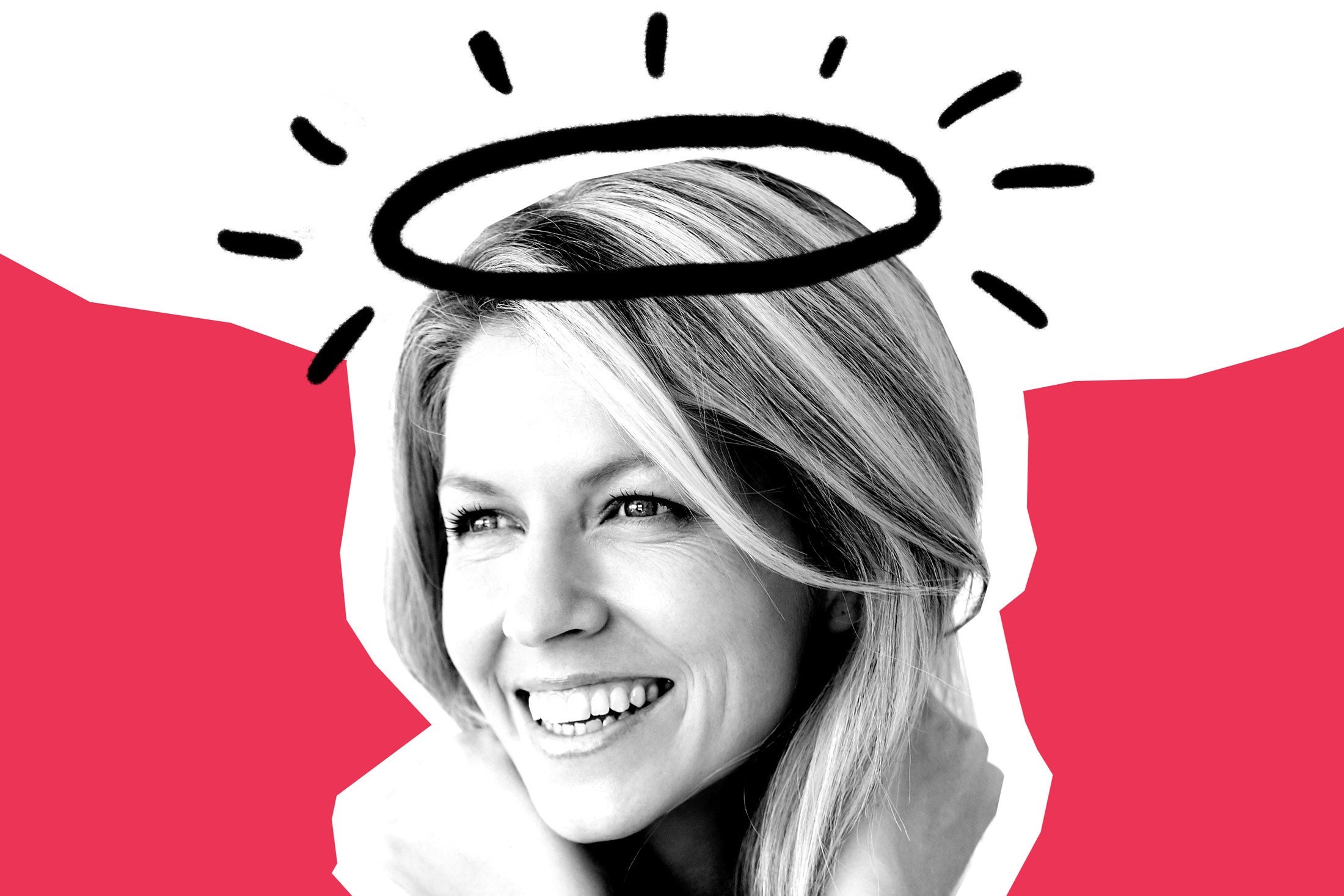 A smiling woman with a halo above her head.