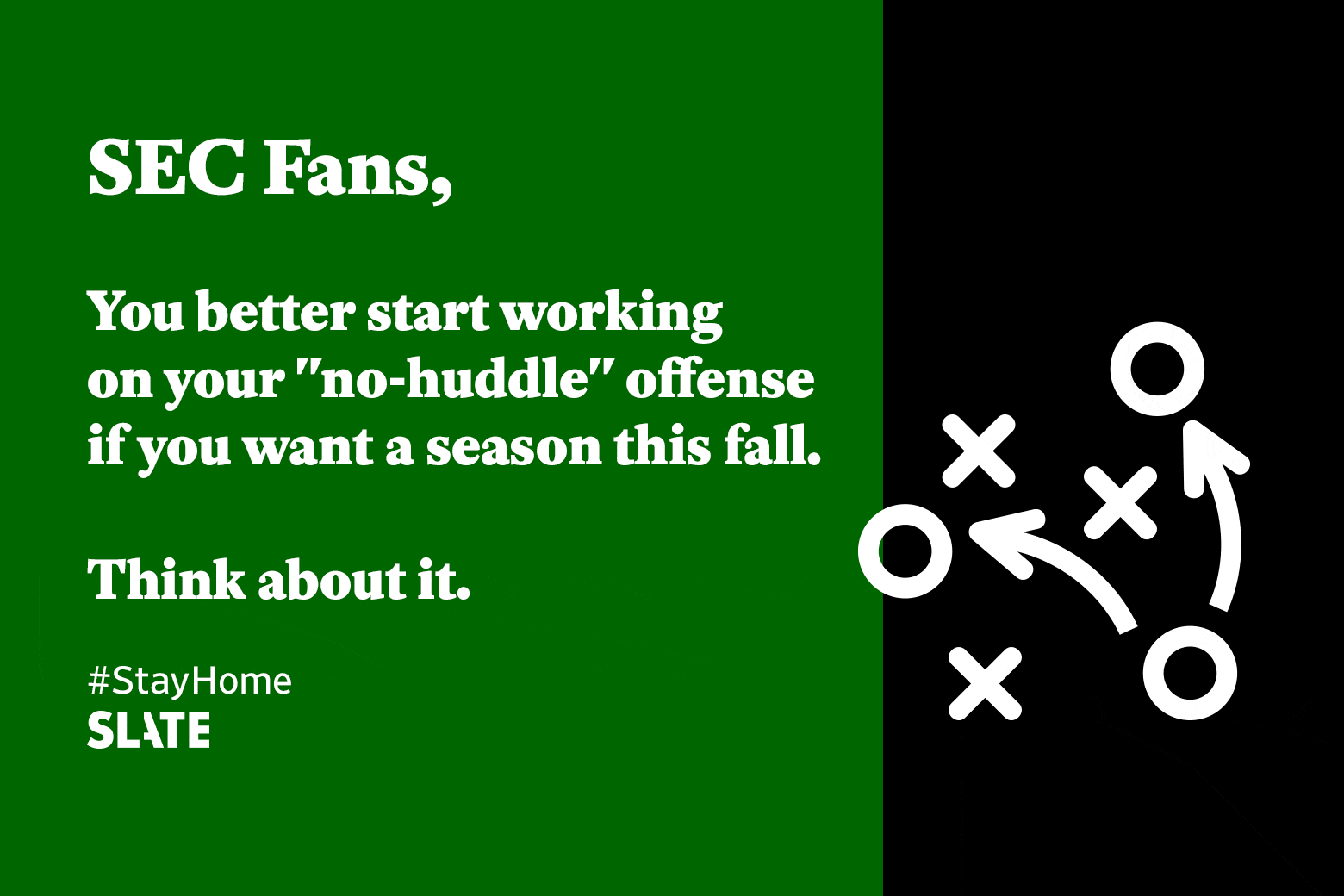 GIF telling fans to stay apart if they want a football season next fall, with X's and O's moving apart from two arrows.