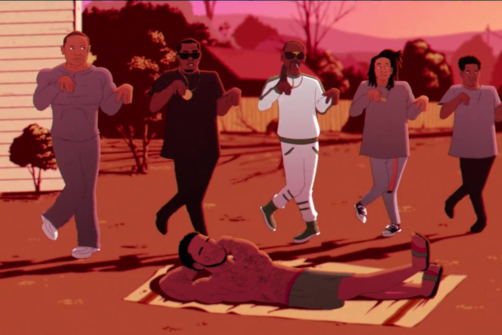 From left, Dr. Dre, Puffy, and Snoop Dogg, and then at the end Jay-Z, doing a synchronized dance routine. The fourth guy from the left has most often been identified as Wiz Khalifa, perhaps because of his cool pants.