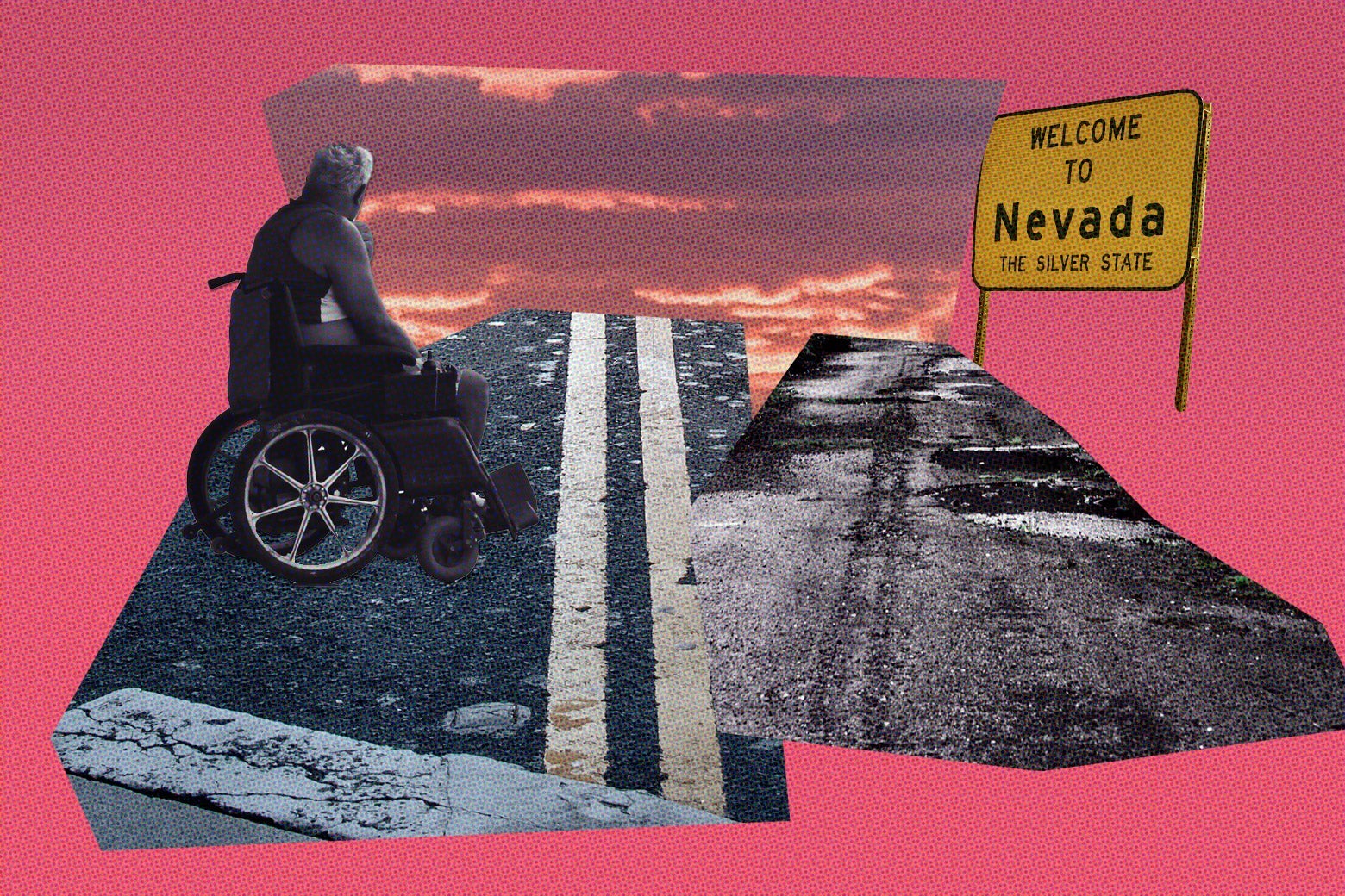 A man sitting in a wheelchair is seen on a broken road. A sign on the side reads "Welcome to Nevada."