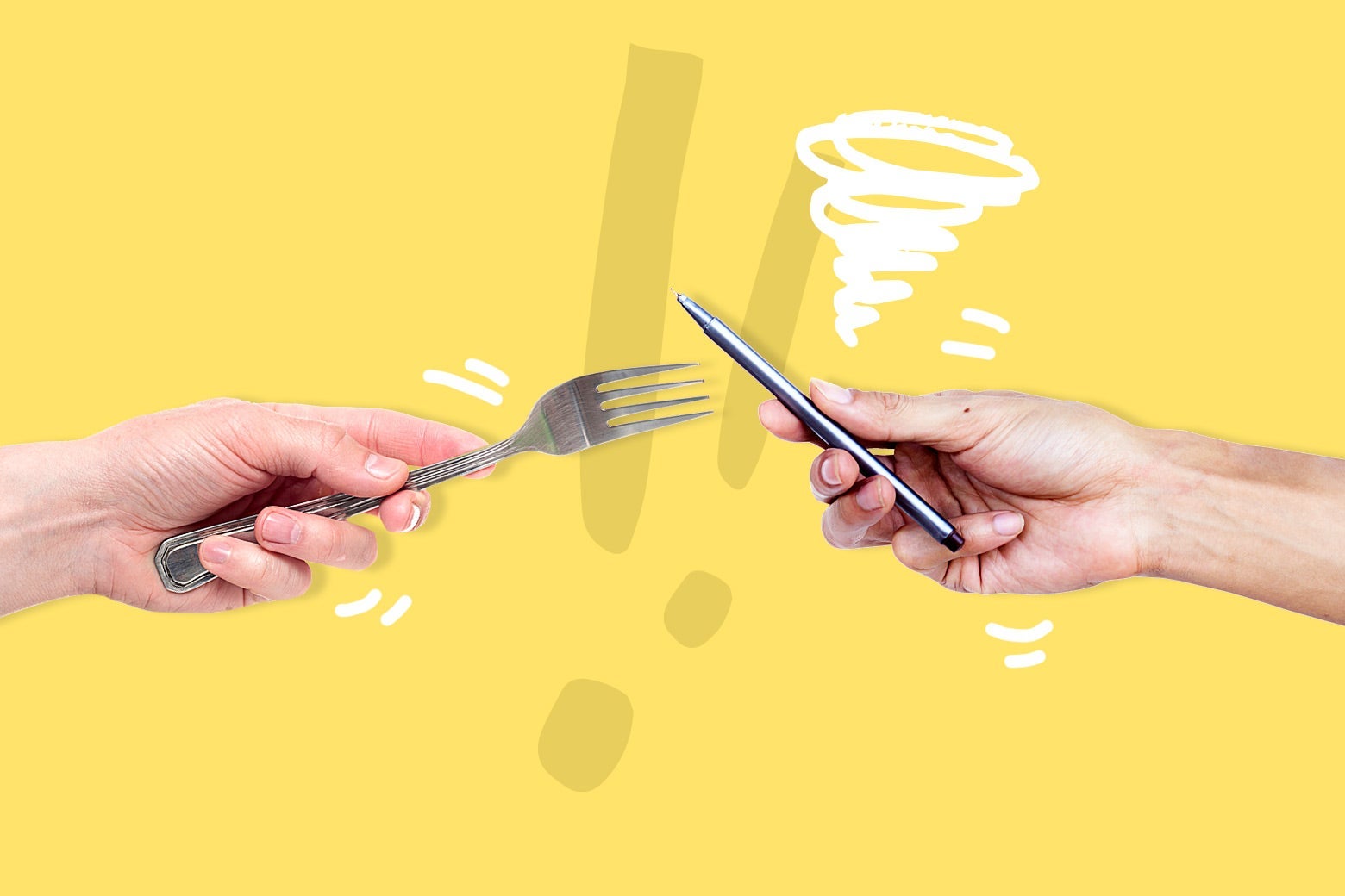 A hand holding a fork and a hand holding a pen dueling it out.