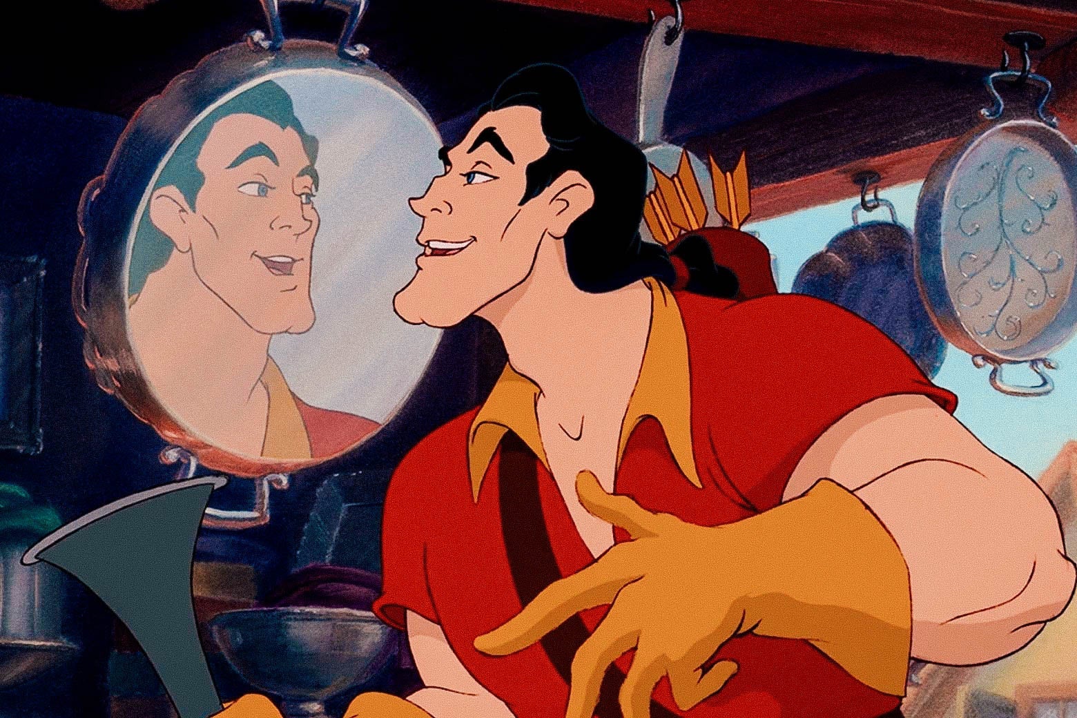 Still from the animated film of Gaston admiring his reflection in a shiny metal pan