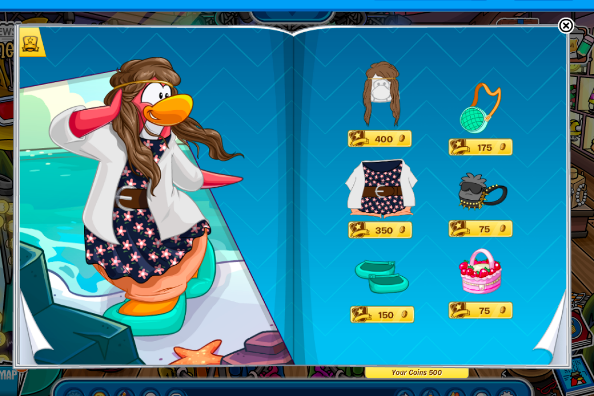 A cartoon catalogue with a penguin wearing a long brown wig, a belted dress, and a white cardigan. On the reverse page, items with prices in coins.