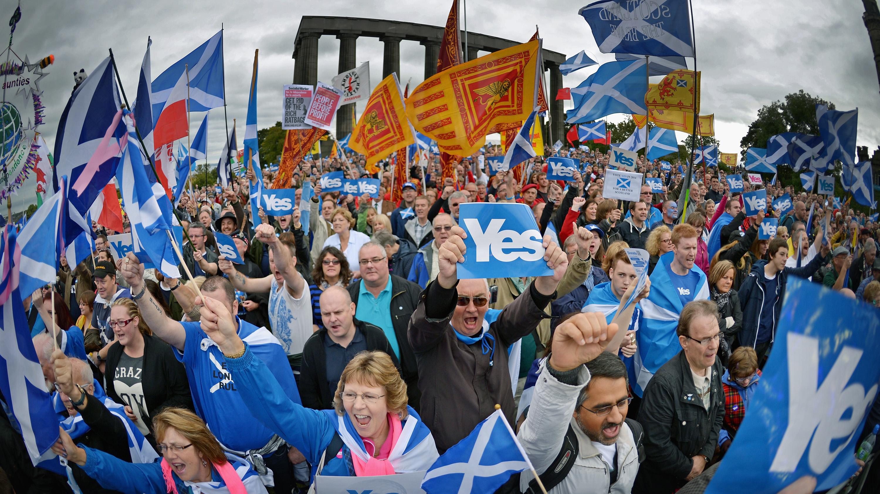 Thousands of pro-independence campaigners attend a rally on Calton Hill on Sept. 21,2013, in Edinburgh, Scotland. 
