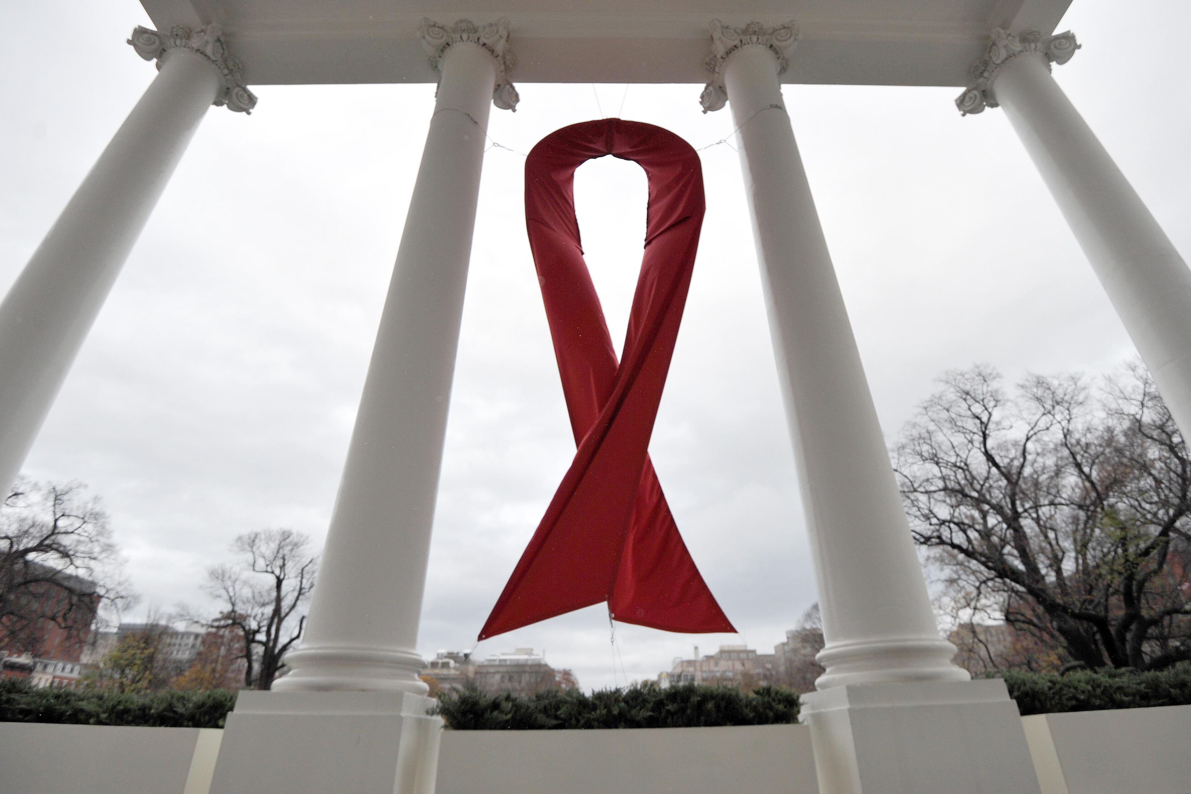An AIDS ribbon is displayed at the White House.
