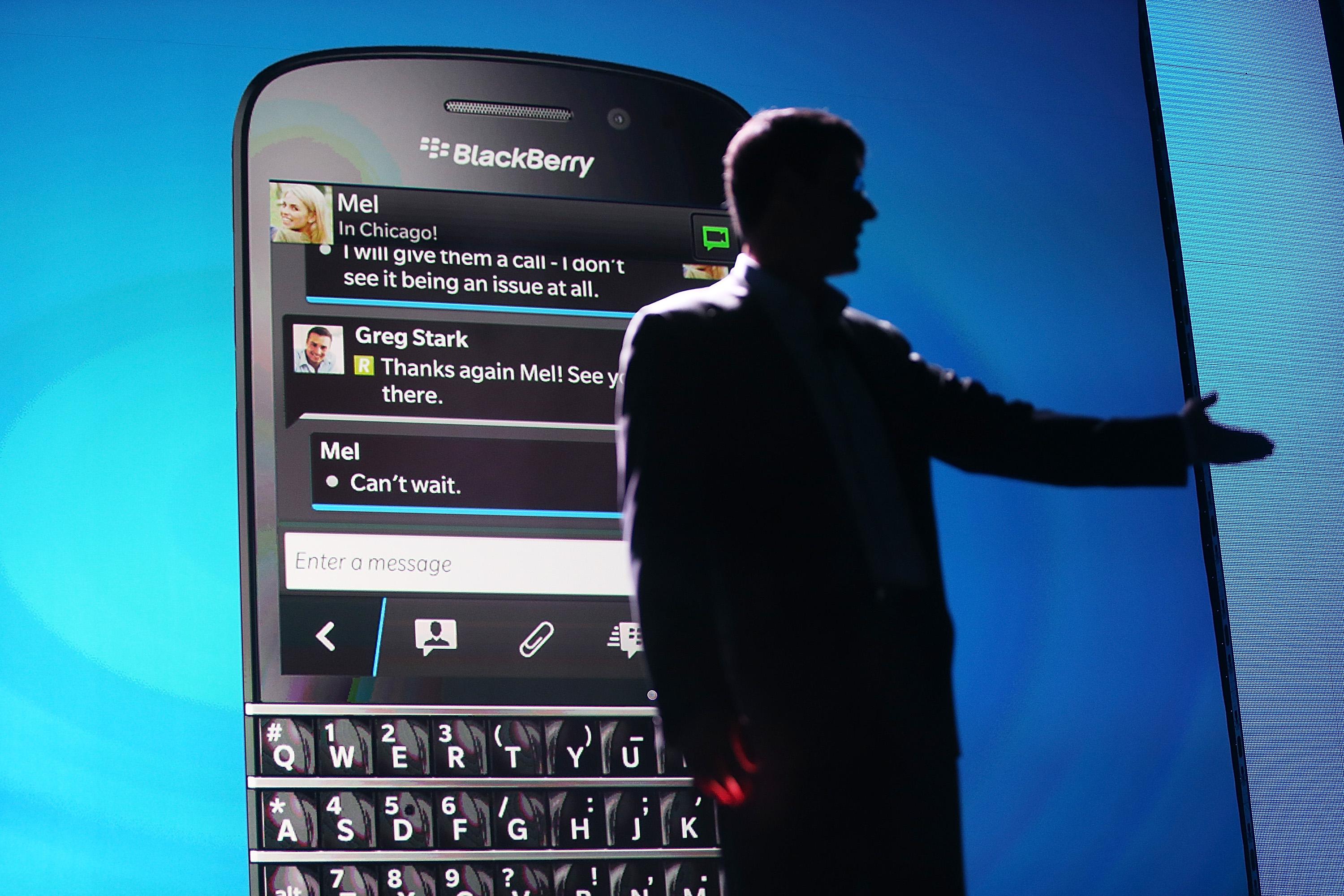 BlackBerry Chief Executive Officer Thorsten Heins speaks in front of a display of one of the new Blackberry 10 smartphones at the BlackBerry 10 launch event by Research in Motion on Jan. 30 in New York City.