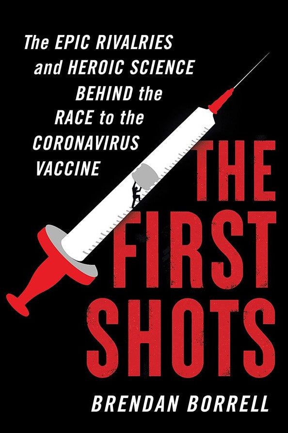 the book cover for "the first shots" a black background with a red vaccine 