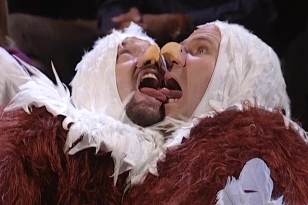 Tom Green and Will Ferrell, both dressed as bald eagles, lick each others' tongues. Really!
