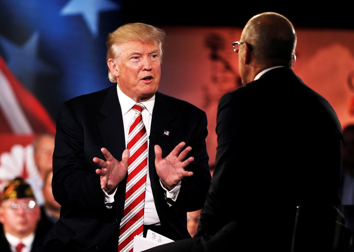Republican presidential nominee Donald Trump speaks to Matt Lauer during the Commander in Chief Forum in Manhattan, New York, U.S., September 7, 2016. 