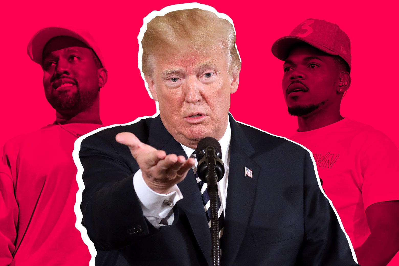 A photo collage of Kanye West, Donald Trump, and Chance the Rapper.
