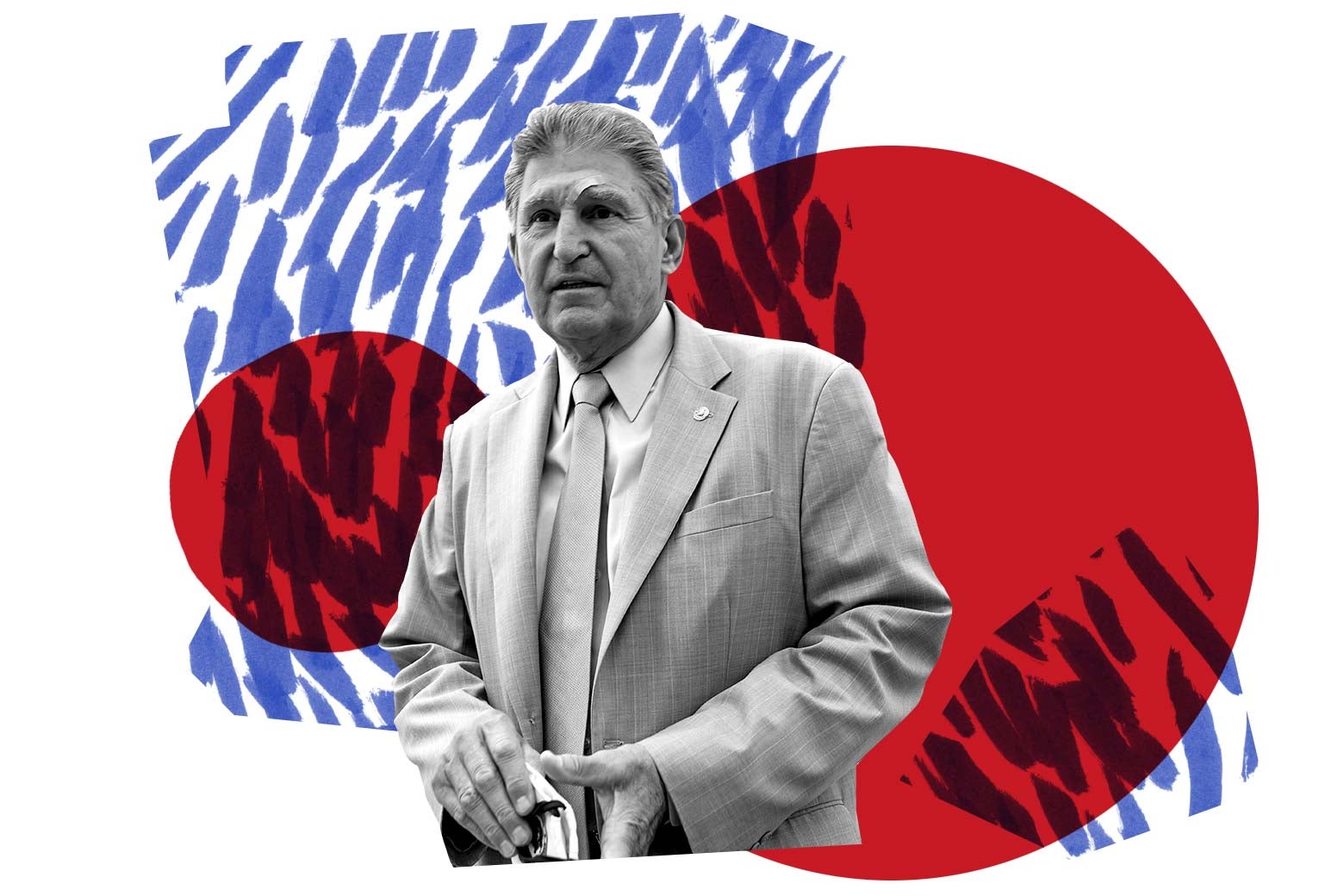 Joe Manchin is seen in front of red circles and blue lines.