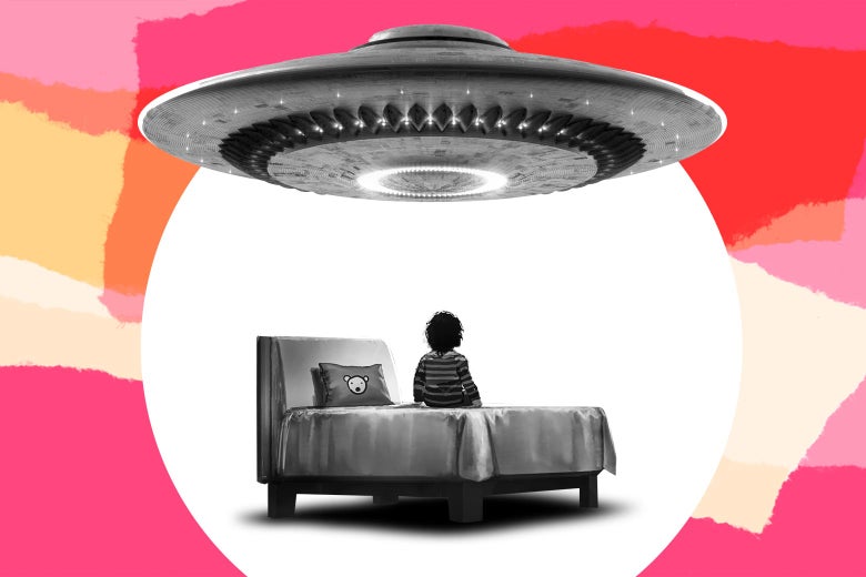 A young boy sitting on his bed, looking up at a large hovering UFO.