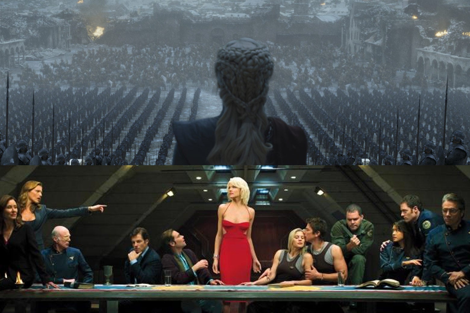 Top: Daenerys Targaryen in Game of Thrones. Bottom: the cast of Battlestar Galactica.