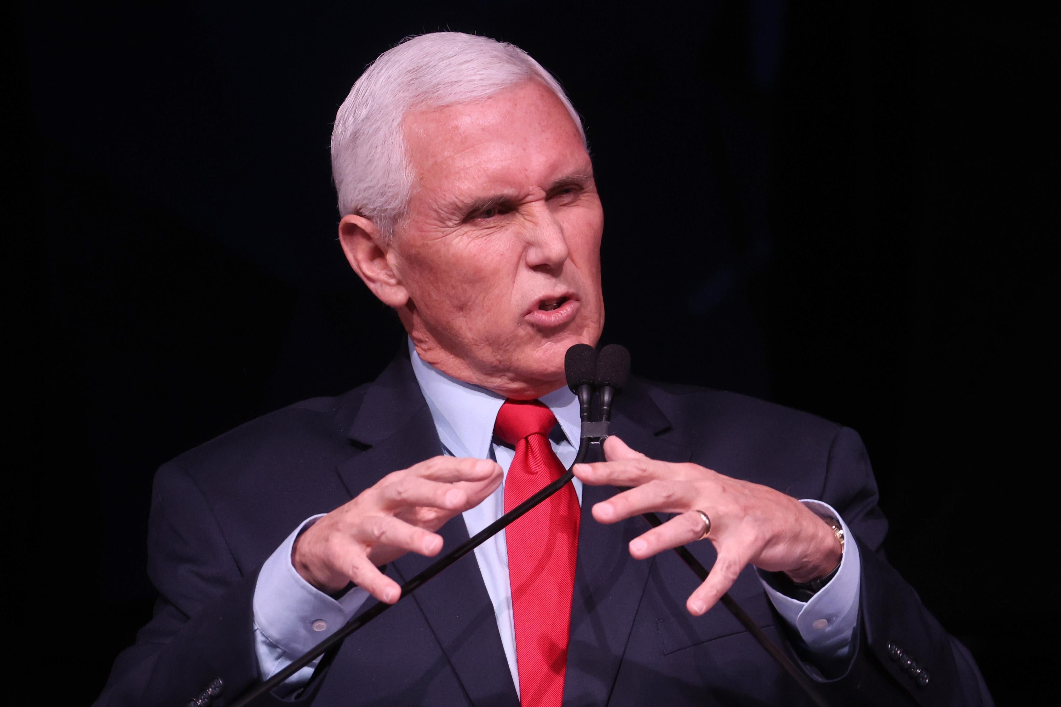 Former Vice President Mike Pence speaks during the Advancing Freedom Lecture Series at Stanford University on Feb. 17, 2022 in Stanford, California. 