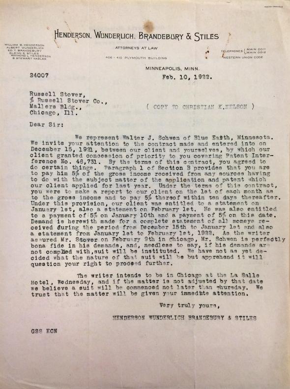 Letter regarding Walter Schwen's dispute over inventorship, Feb.