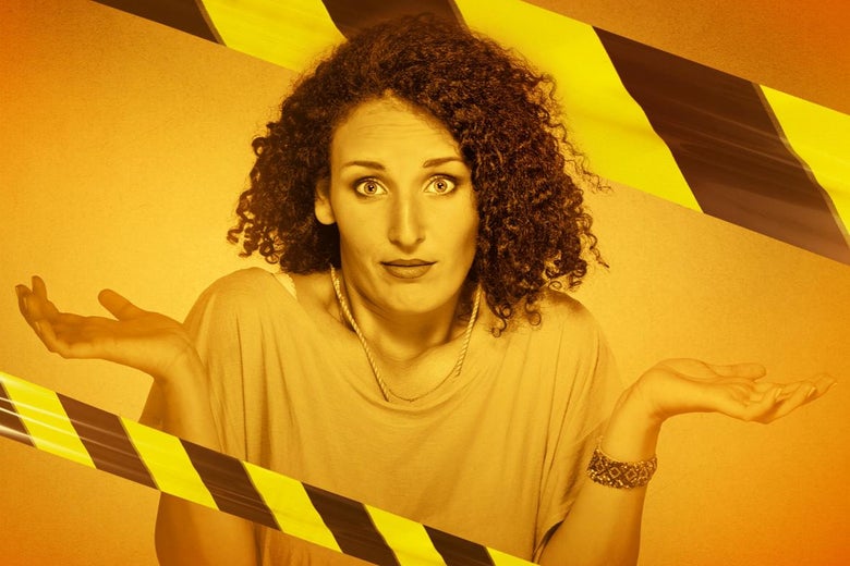 A shrugging woman, surrounded by caution tape.