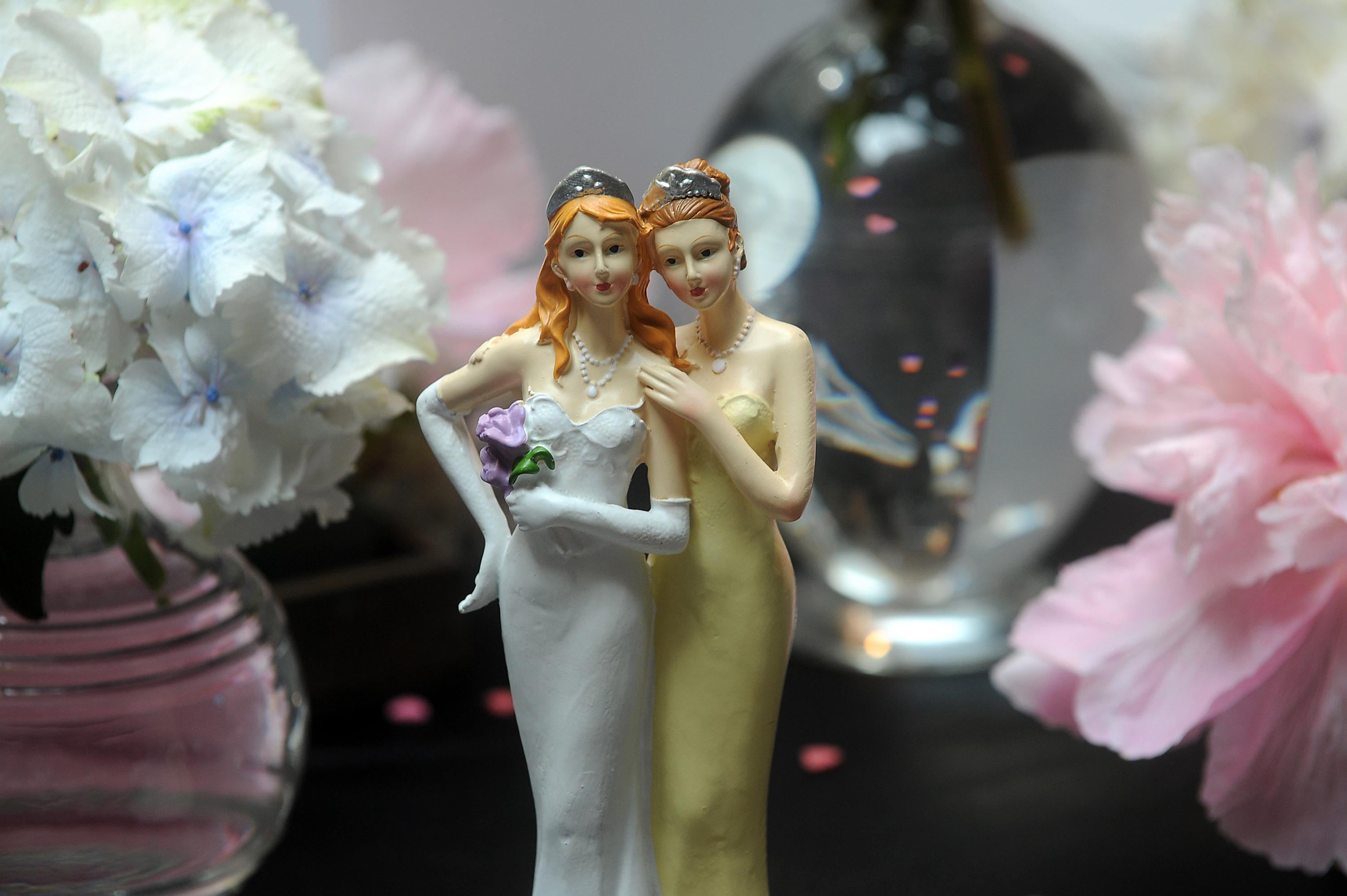 Plastic figurines of same-sex couples are displayed at the gay marriage show.