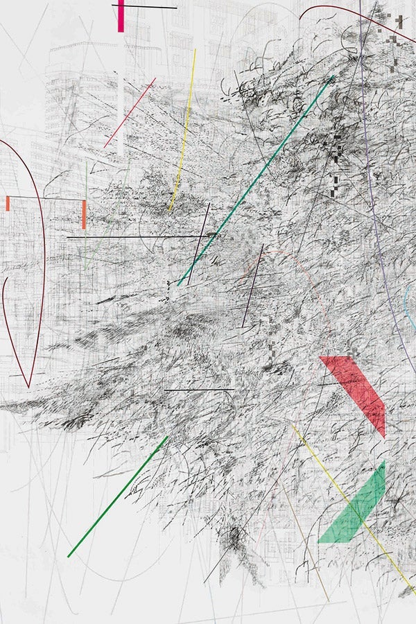 Julie Mehretu, Mogamma (A Painting in Four Parts) Part 1, 2012. Ink and acrylic on canvas, 180 × 144 inches (457.2 × 365.76 cm). 