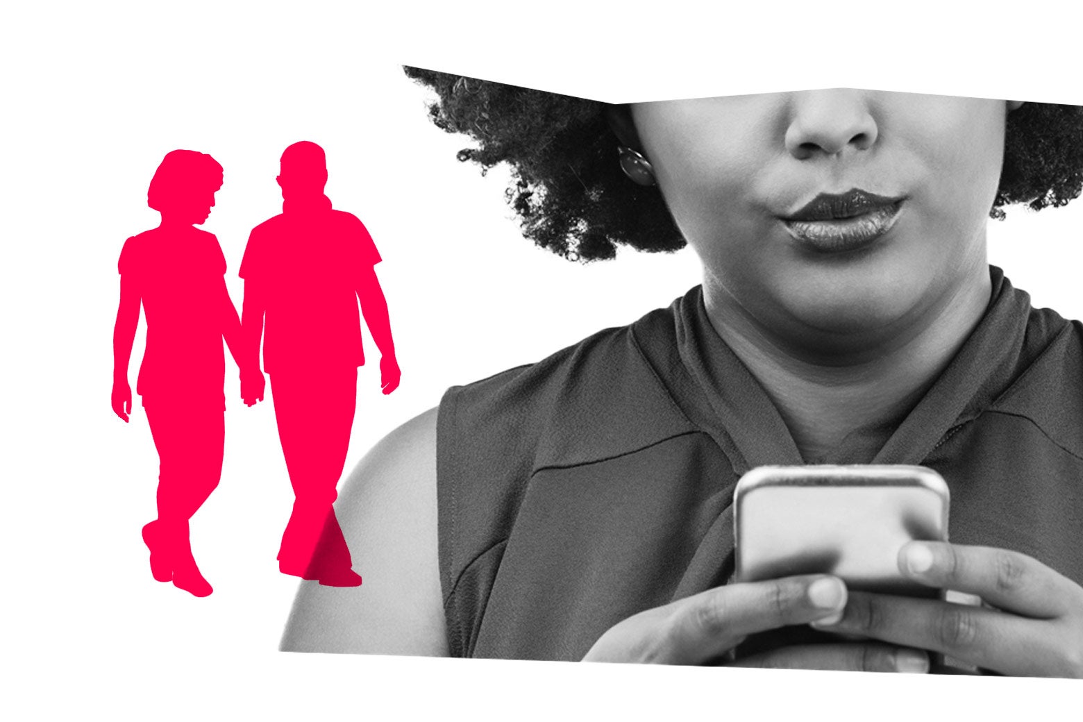 Silhouettes of a couple holding hands hovering next to a woman pursing her lips as she types on her phone
