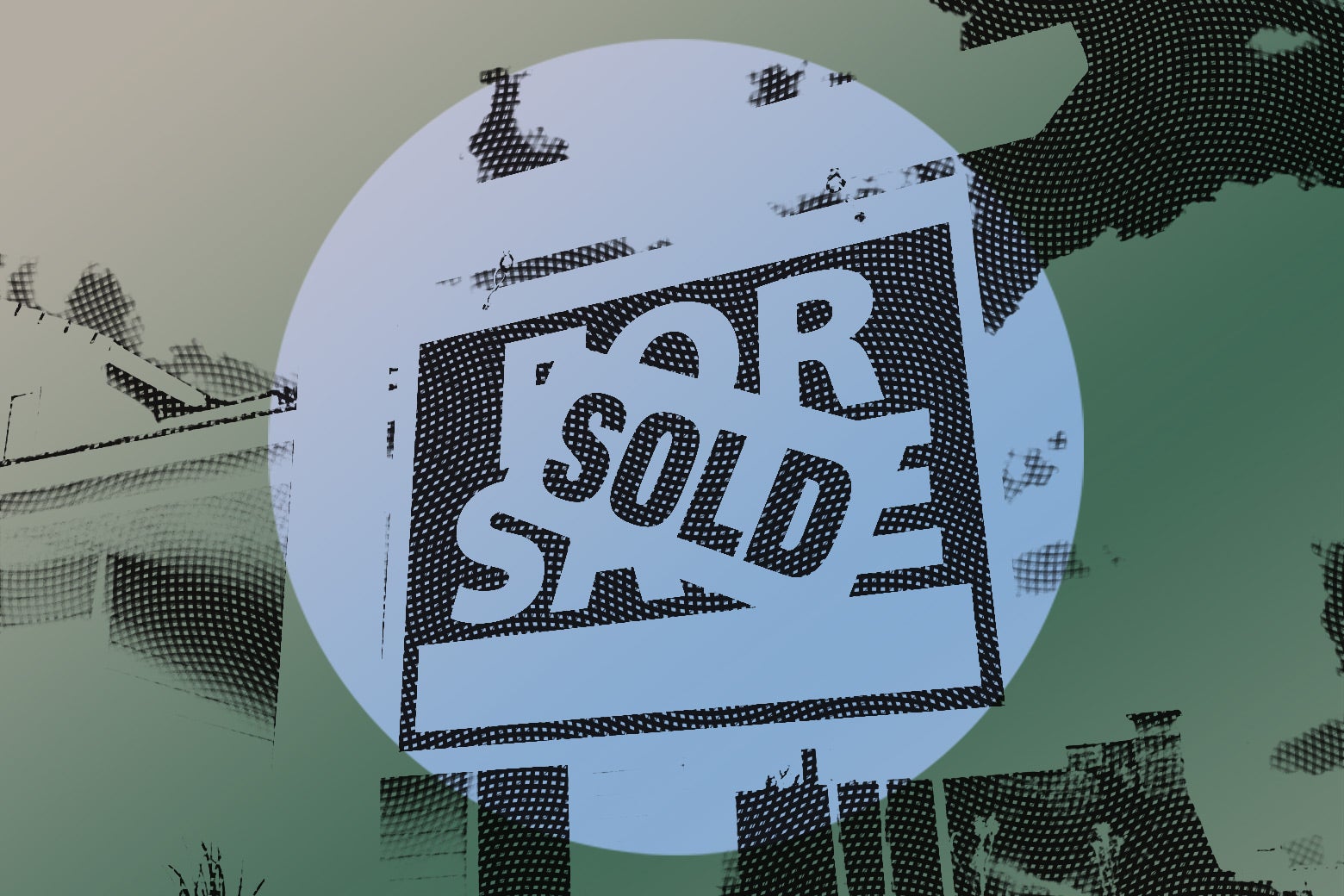 A "For Sale" sign with a "Sold" sticker over it