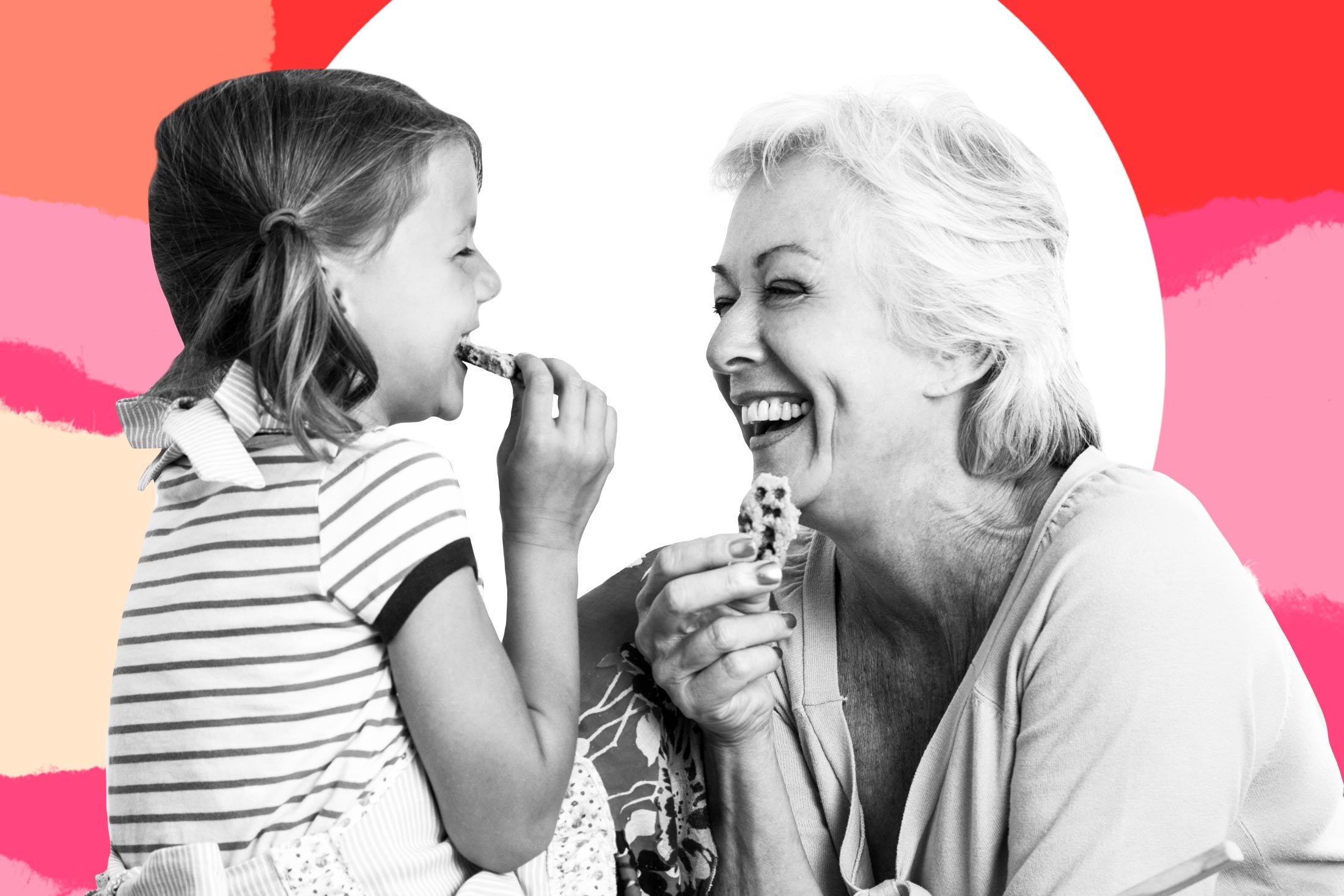 Photo illustration showing a toddler eating a cookie while a grandmother figure eats a cookie and grins at her.
