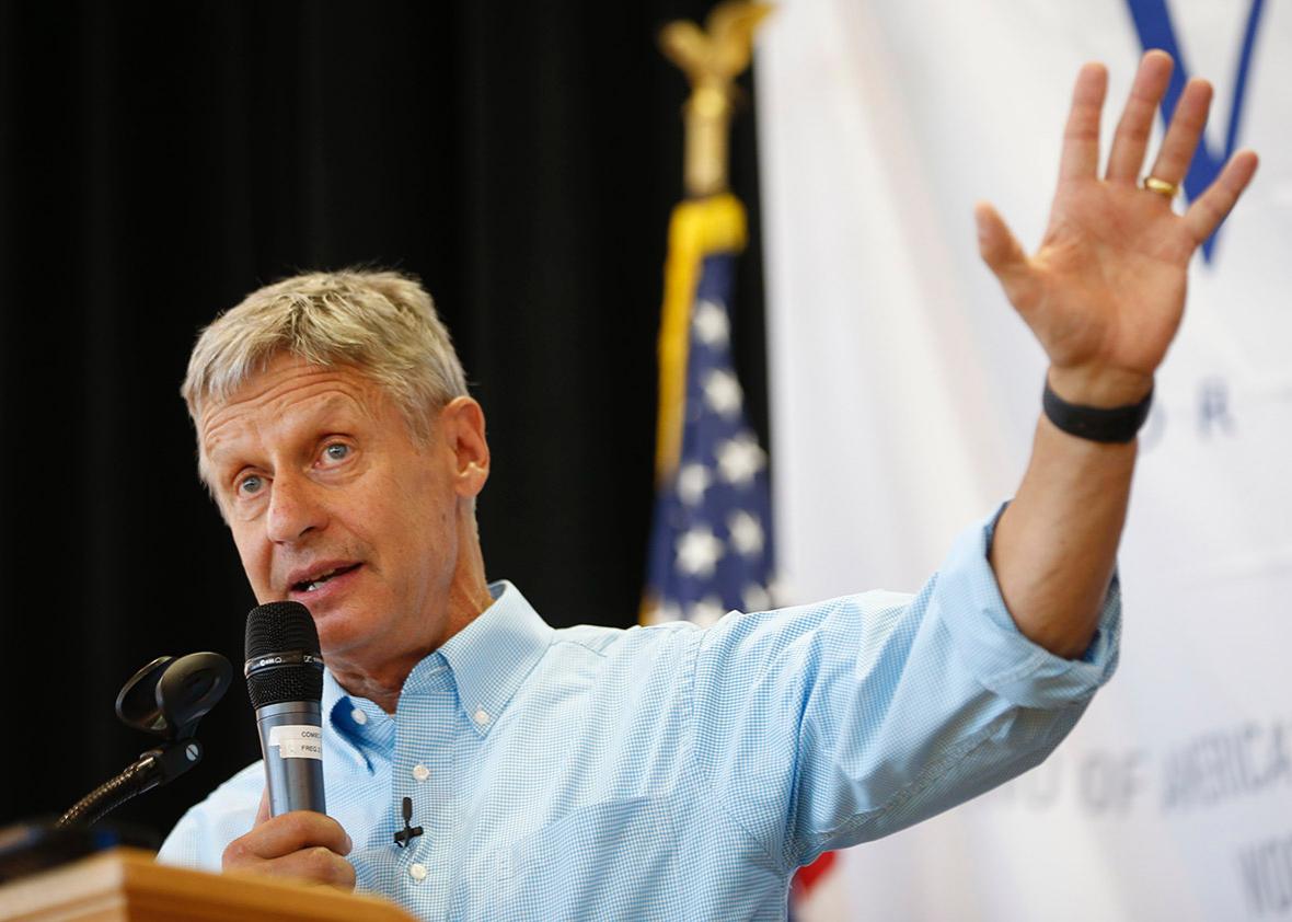 Libertarian presidential candidate Gary Johnson talks to a crowd of supporters at a rally on August 6, 2015 in Salt Lake City, Utah. 