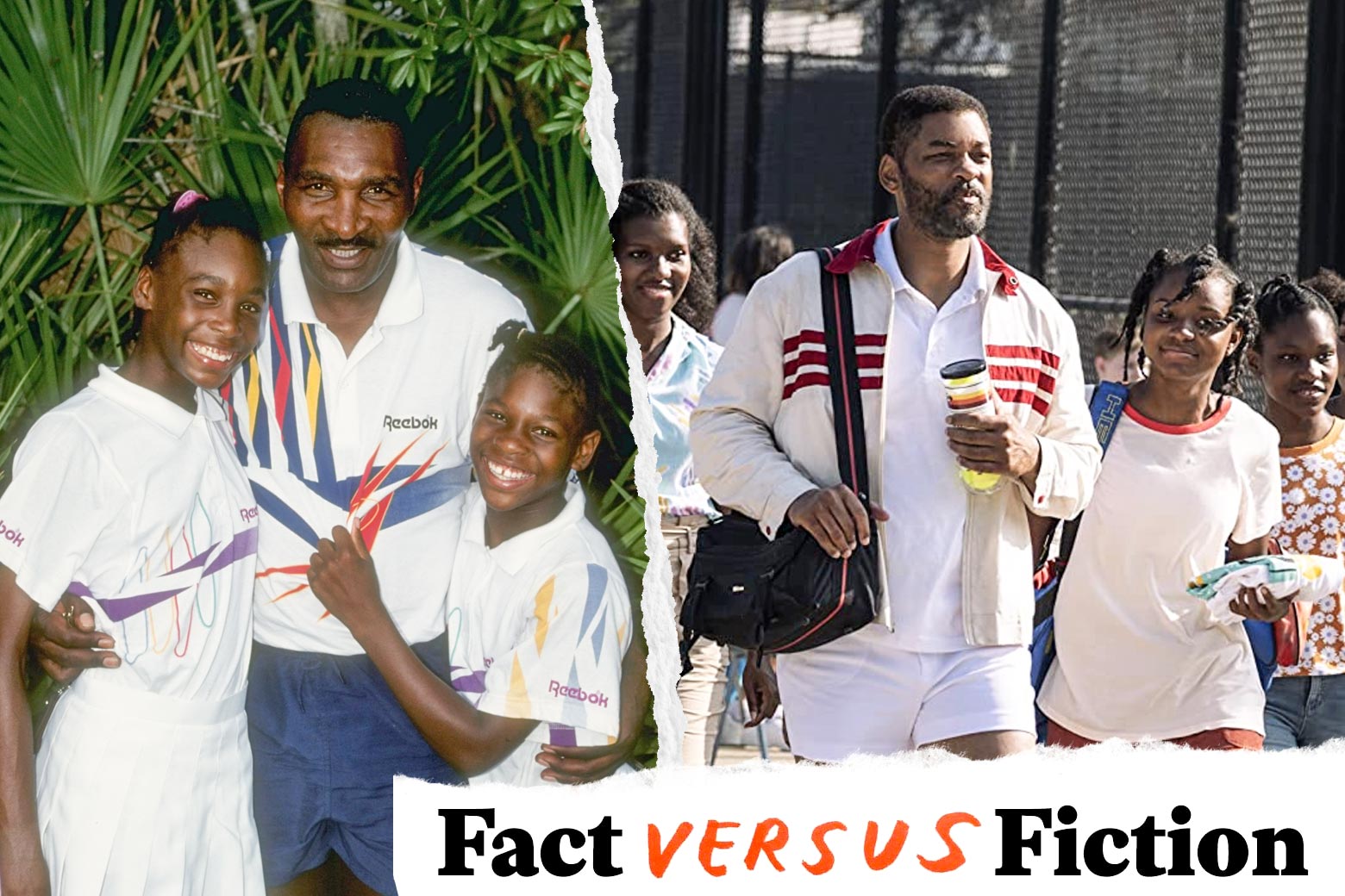 A side-by-side showing Richard Williams along with the young Venus and Serena Williams in both the movie and in real life. They look remarkably similar, all clad in tennis gear and with the girls in braids.