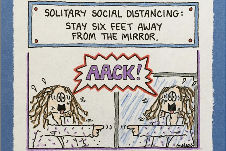 Cathy’s “Scenes From Isolation” brings a battered comic book icon to