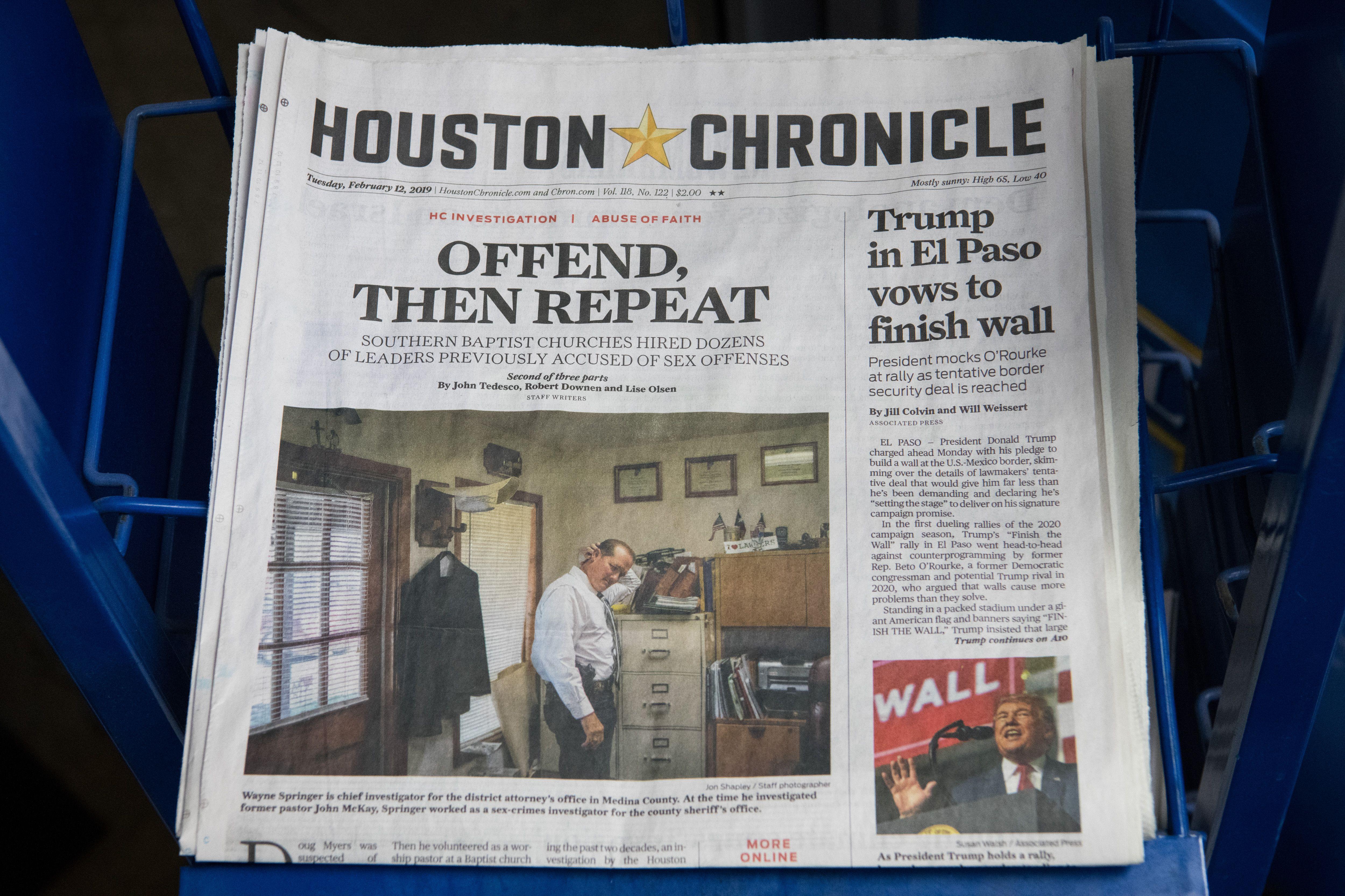 A Houston Chronicle copy whose front page displays a story on sexual abuse in the Southern Baptist Convention