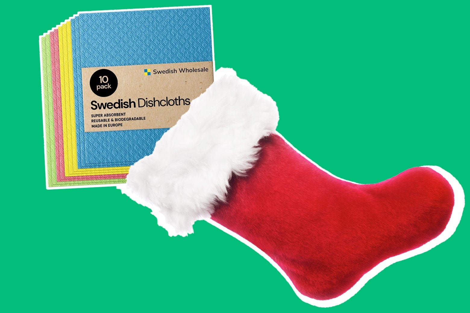 A red and white stocking with Swedish dish clothes in it.