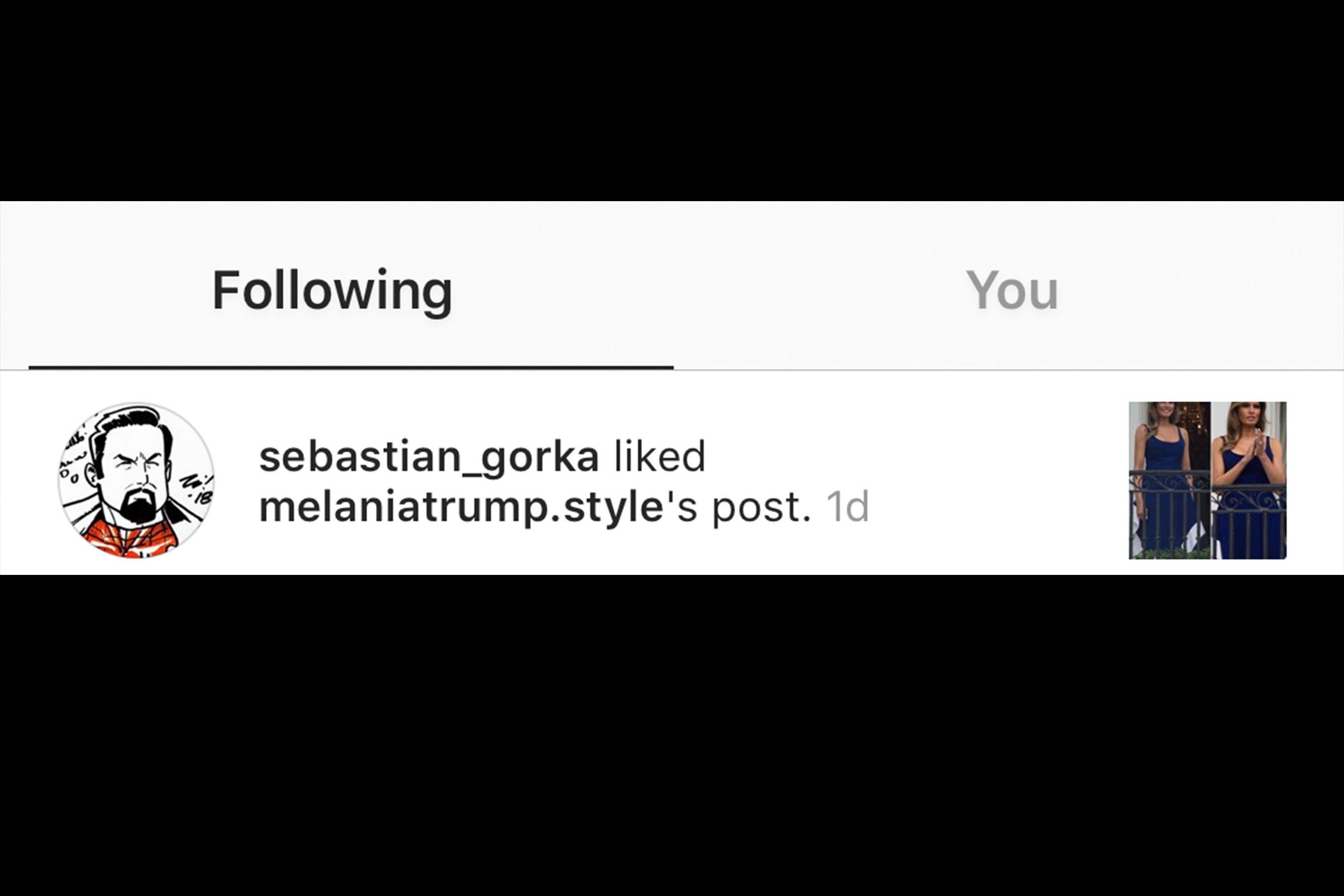 Sebastian Gorka faves a photo from a Melania Trump fan account.