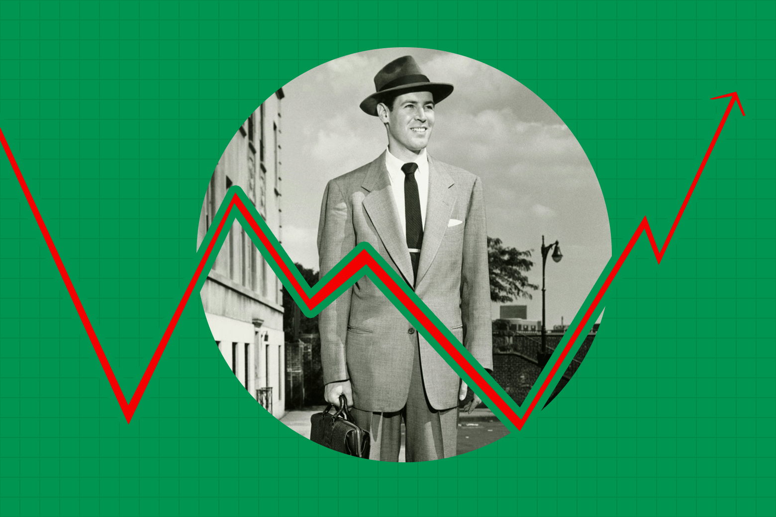 A midcentury businessman in a suit and fedora, holding a briefcase and smiling. A stock chart–like graph is seen imposed over his photo.