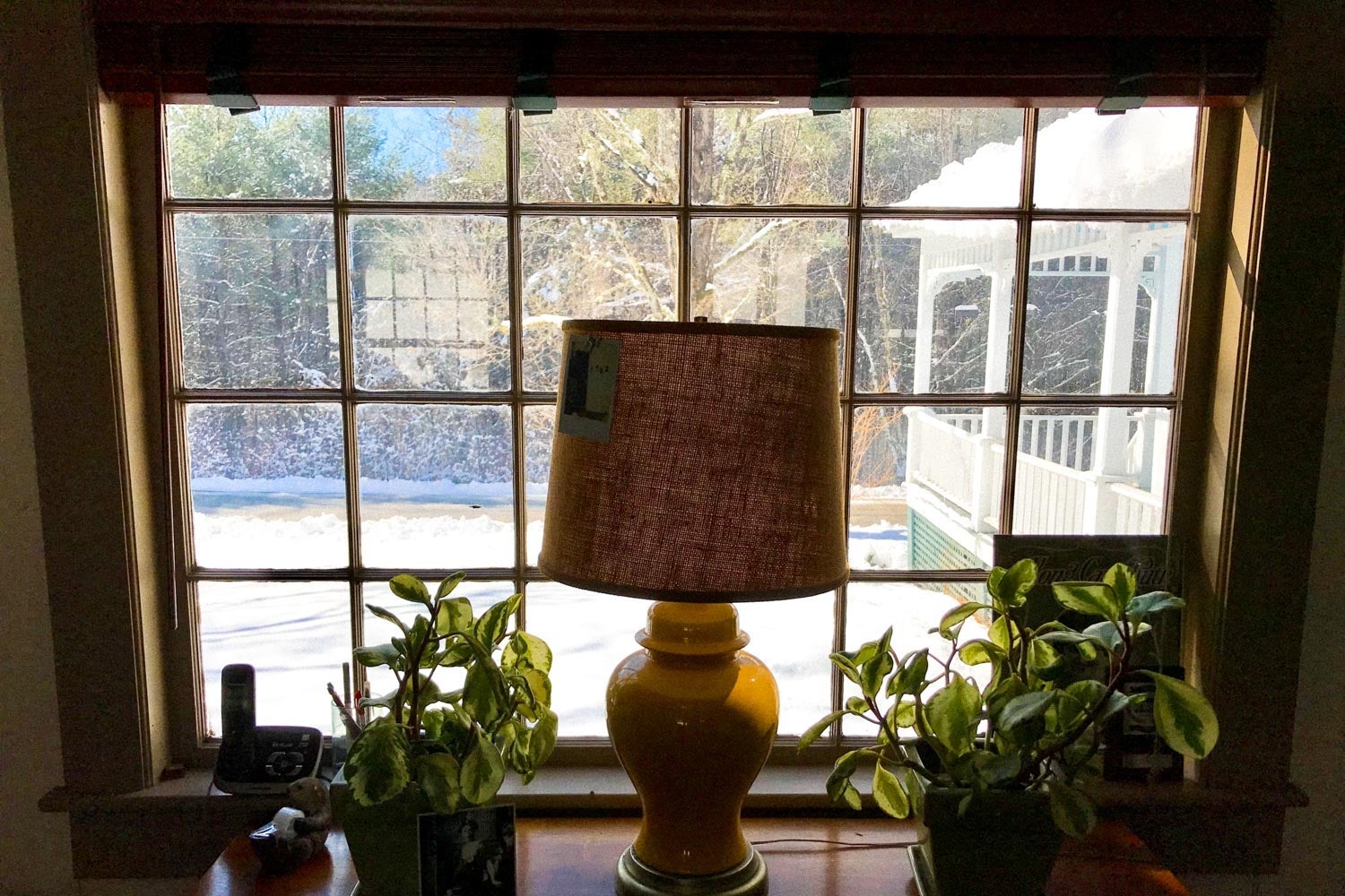 Window facing lawn with lamp in foreground.