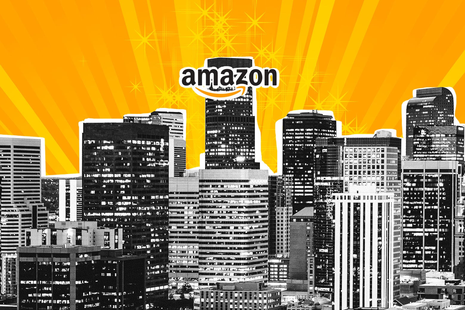 Light shines from the skyline of a city with a building labeled Amazon.