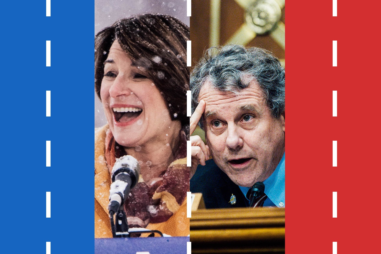 Amy Klobuchar and Sherrod Brown, flanked by a blue lane of traffic on the left and a red lane of traffic on the right.