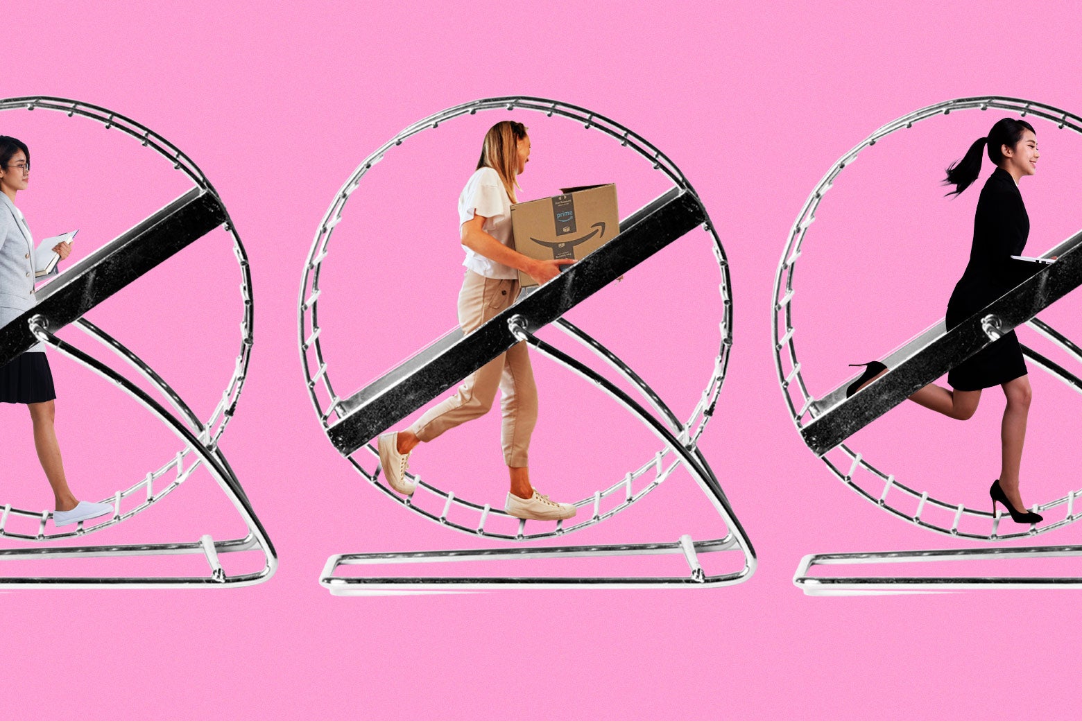 Professionally dressed women running on hamster wheels, including one who is carrying an Amazon box. 