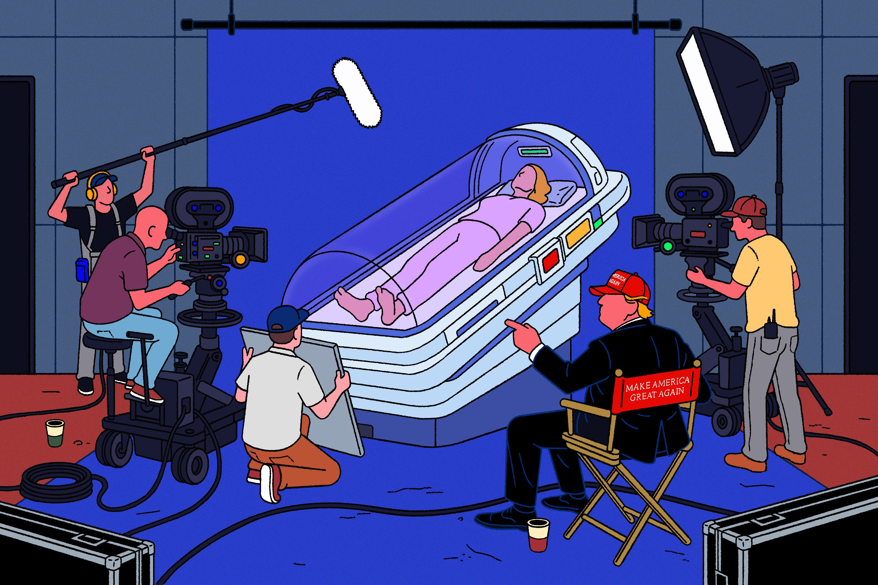Illustration of a person lying in a medbed, surrounded by Donald Trump and a camera crew.