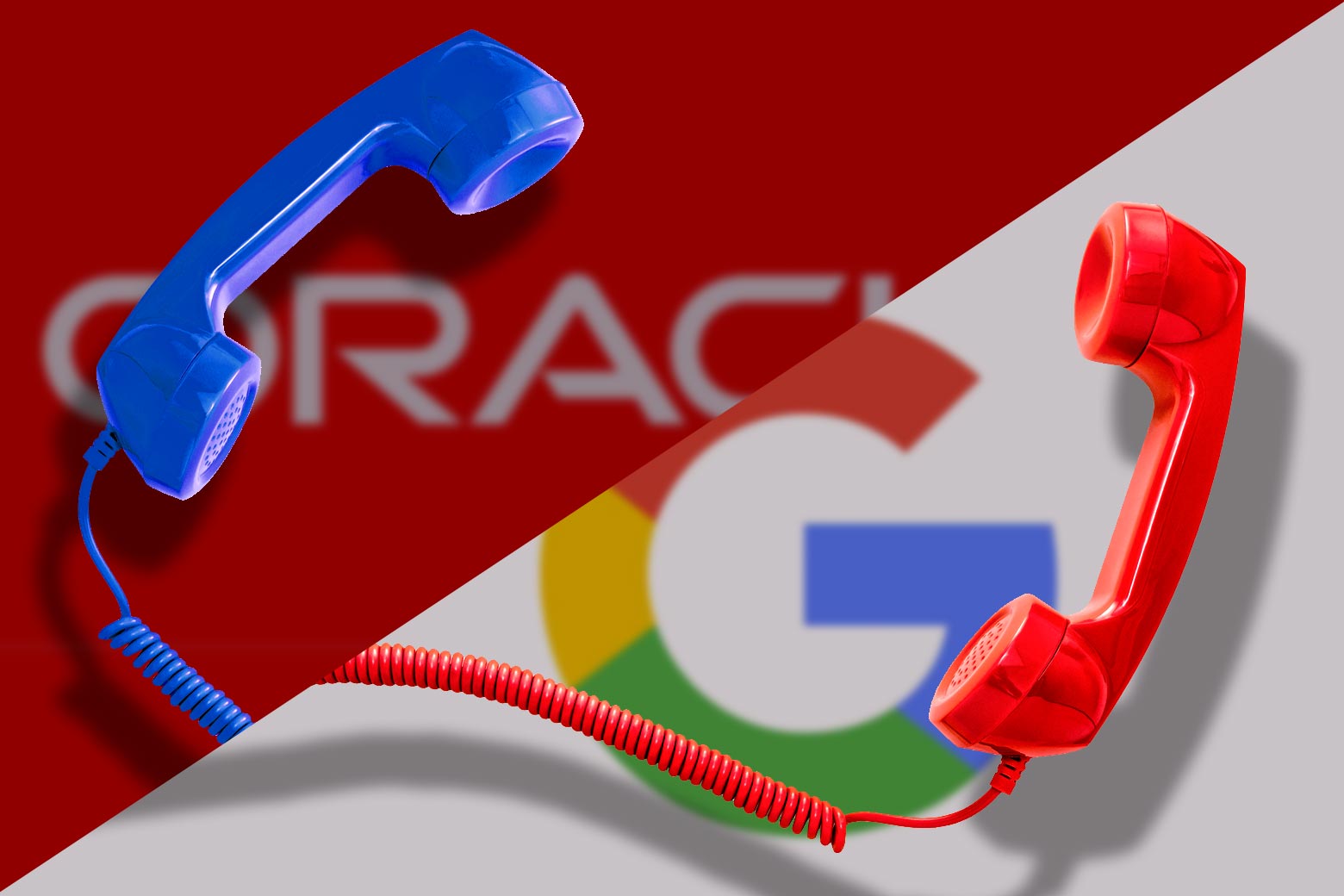 Split screen of phone receivers with the Oracle and Google logos behind them.