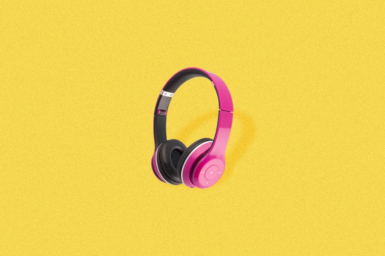A pair of hot-pink headphones.