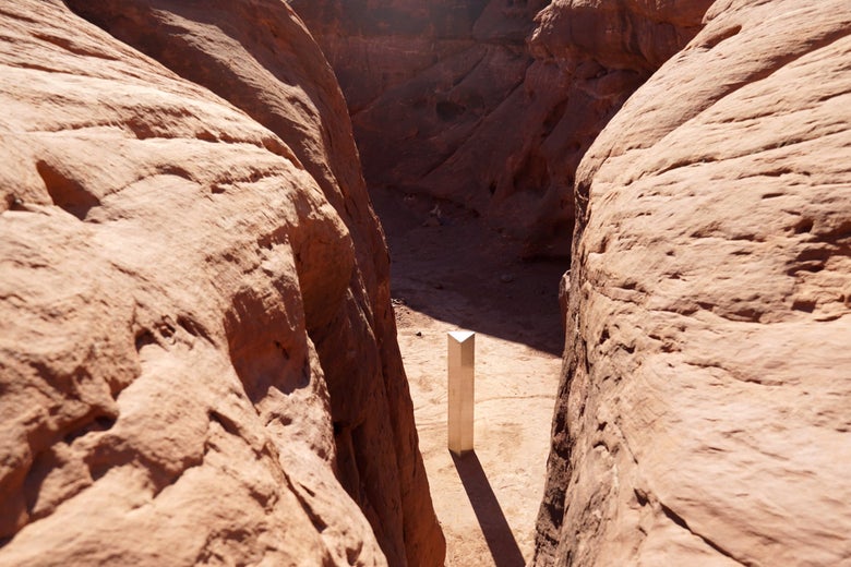 A view of the "monolith" from above, showing its intentional alignment with a narrow slot canyon