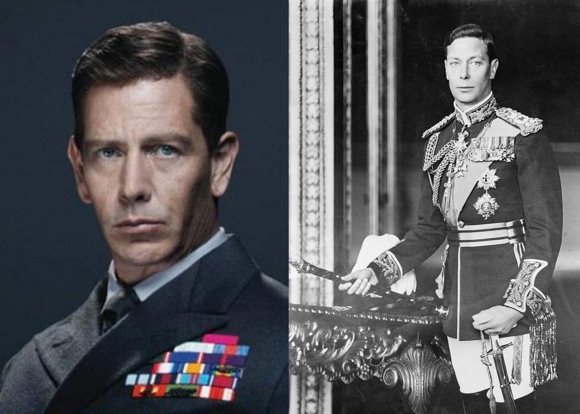 Ben Mendelsohn as King George VI in Darkest Hour and the real King George VI.