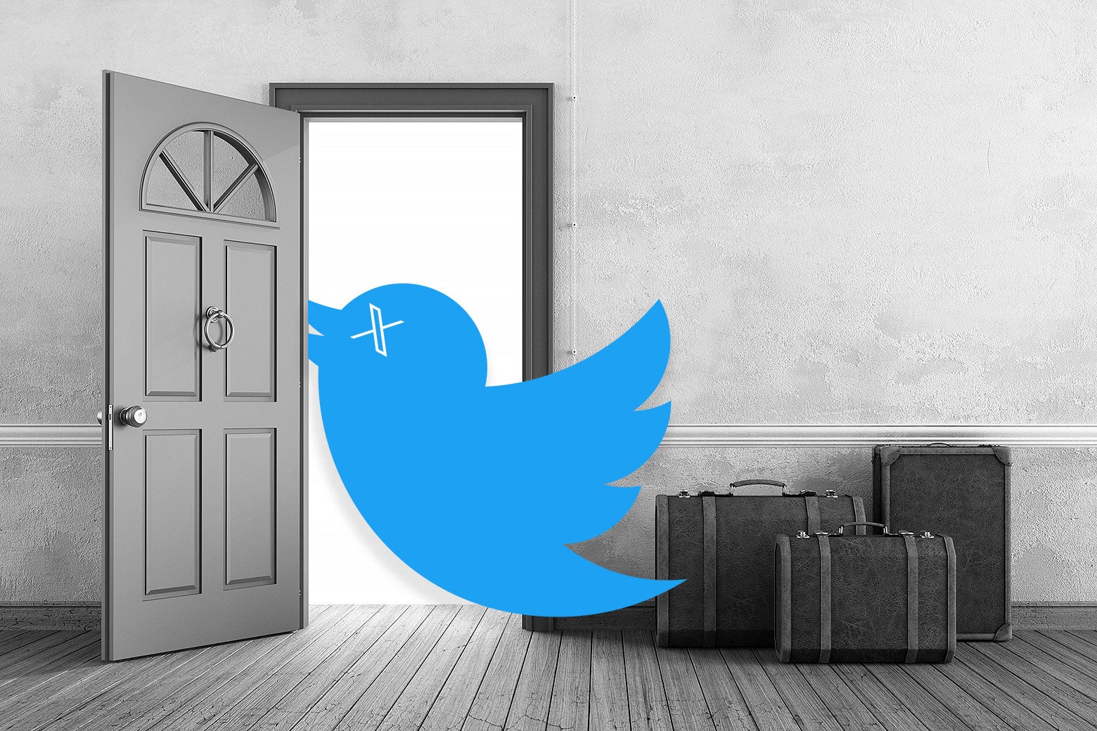 The old Twitter bird logo, with new logo X's for eyes, leaves through an open front door of a house. To the bird's right are multiple packed suitcases.