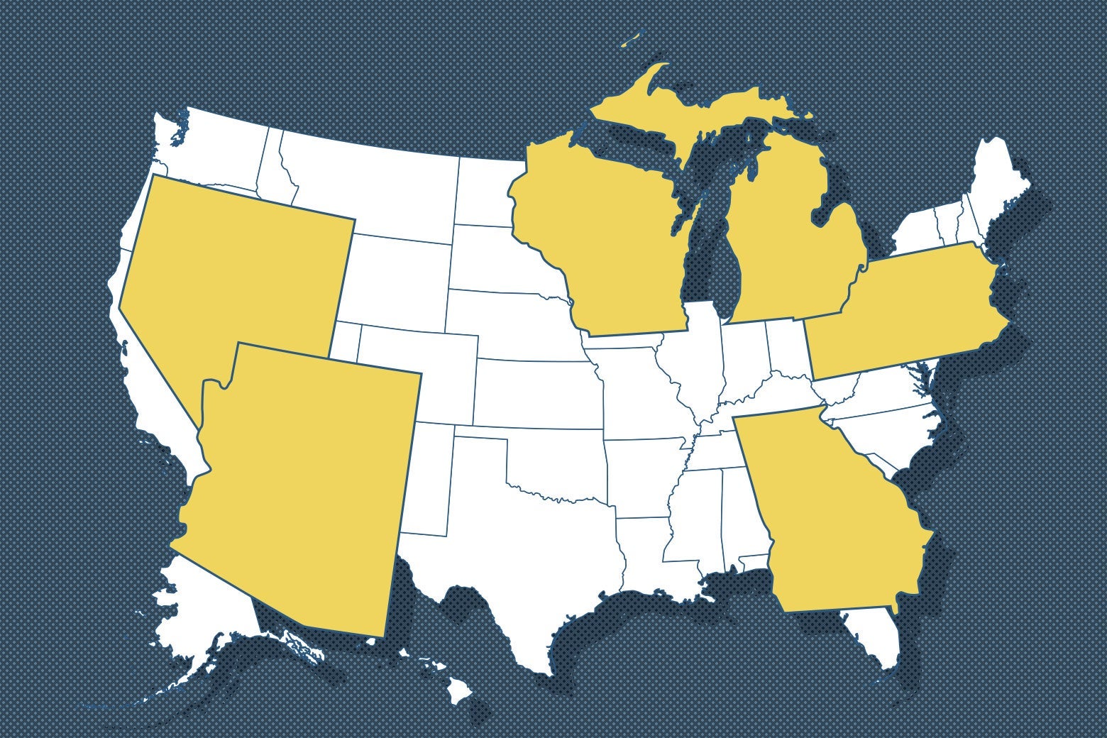 U.S. map with Nevada, Arizona, Wisconsin, Michigan, Pennsylvania, and Georgia in yellow and blown up in proportion to the other states