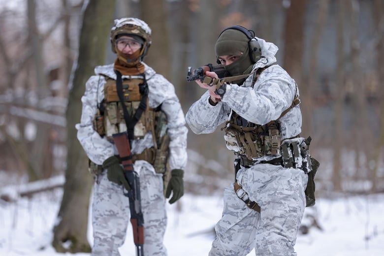 Civilian participants in a Kyiv Territorial Defence unit train on a Saturday in a forest on January 22, 2022 in Kyiv, Ukraine.