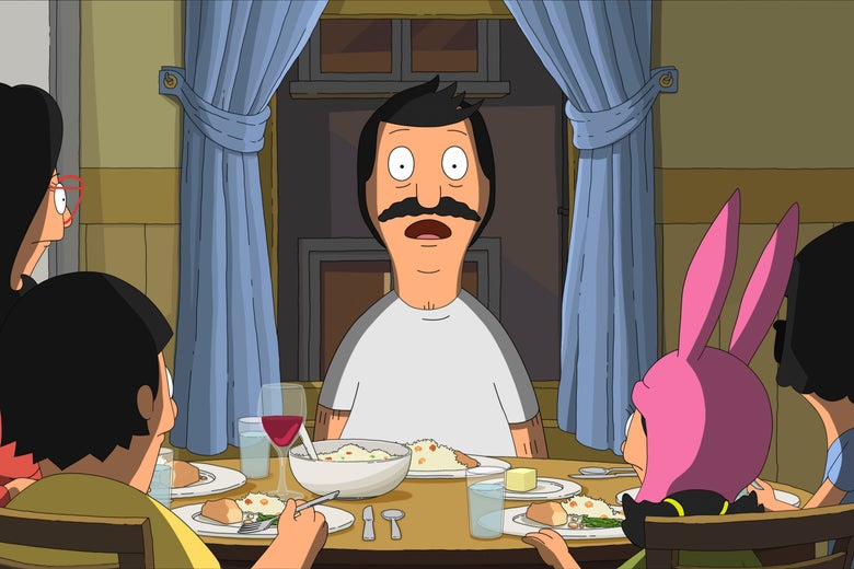 The Belcher family sits around the dinner table, looking at Bob, who stares at the viewer with his eyes wide and his mouth agape