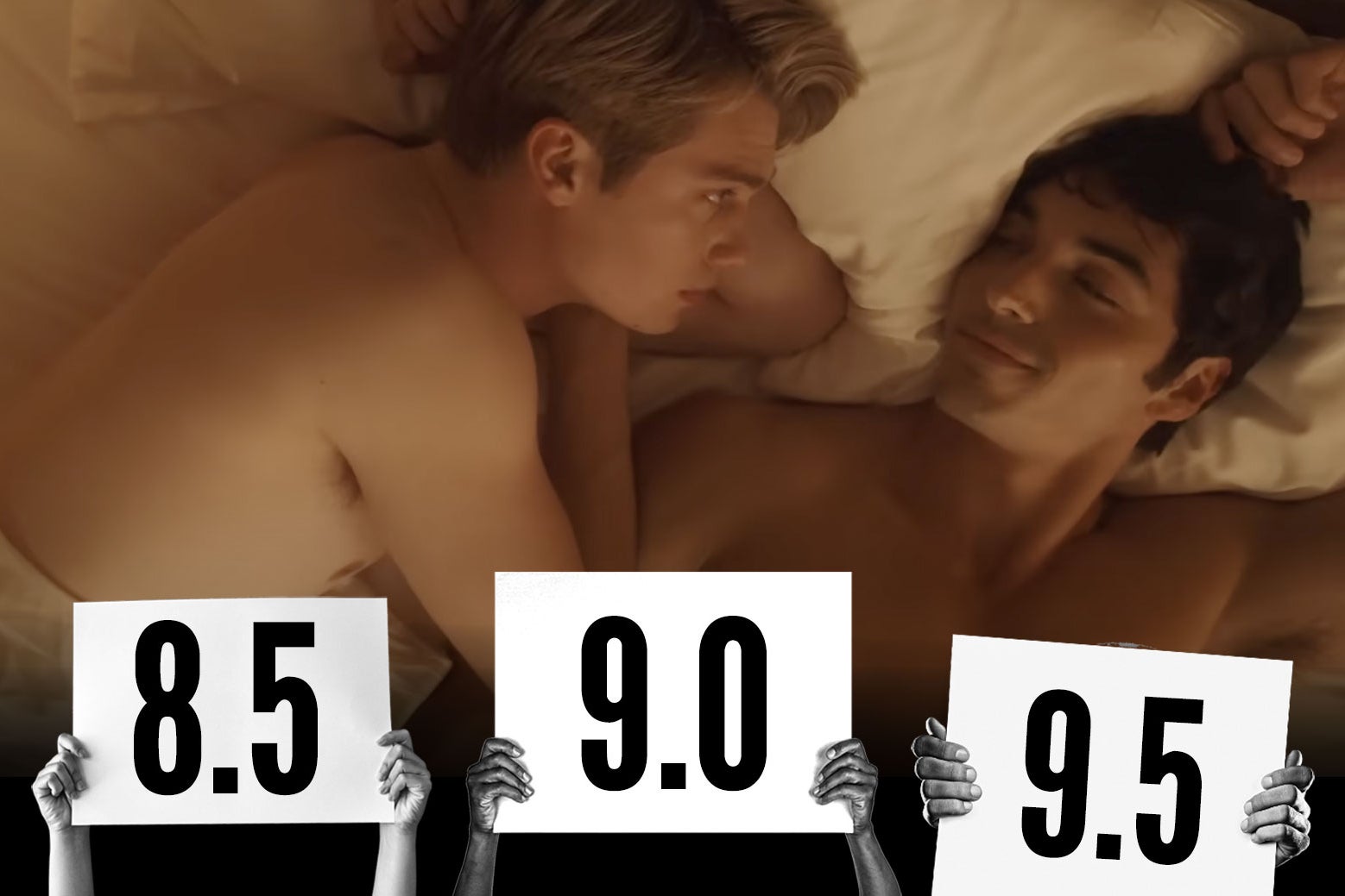 The film's protagonists—Alex Claremont-Diaz and Prince Henry—lay in bed topless looking meaningfully at each other while an illustration shows hands holding up scoring cards at the bottom. 