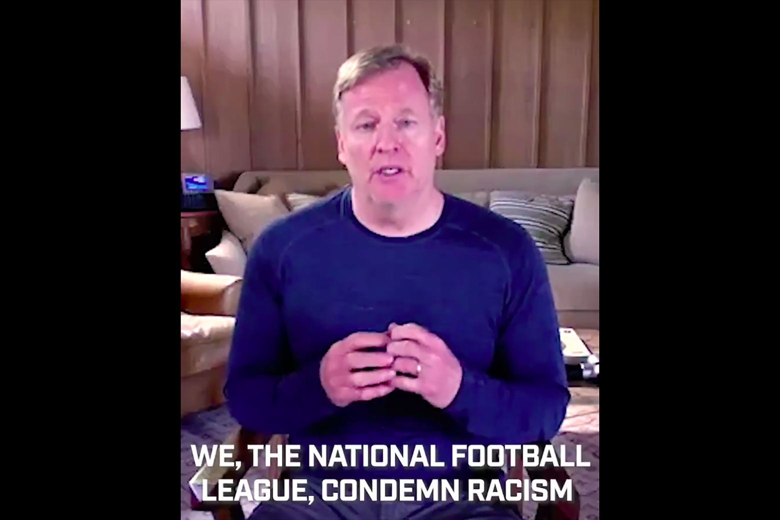 Screenshot of Roger Goodell on video with the subtitle "We, the National Football League, condemn racism."